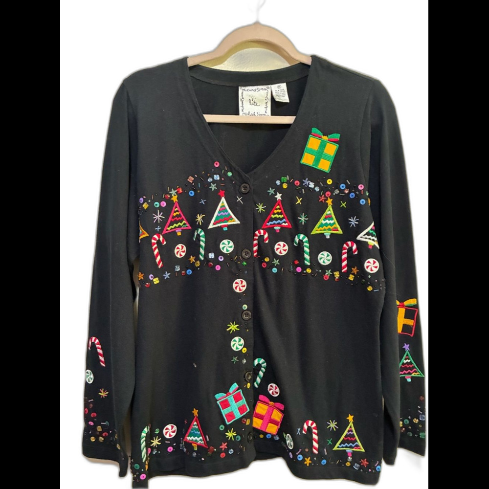 Michael Simon Black Holiday Cardigan Wide leg pull on pants Christmas set